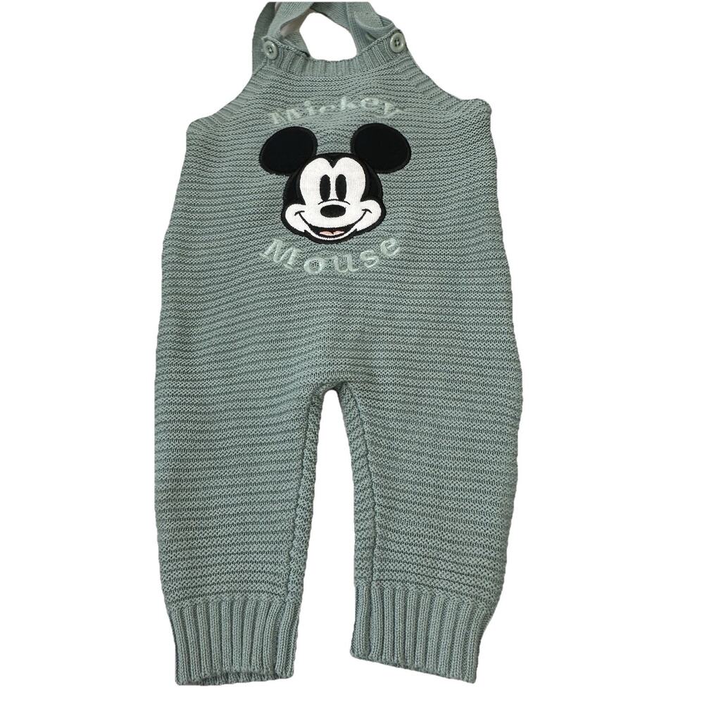 Disney Baby 3/6M Knit Overall Mickey Mouse Embroidered Face And Words Sage Boy